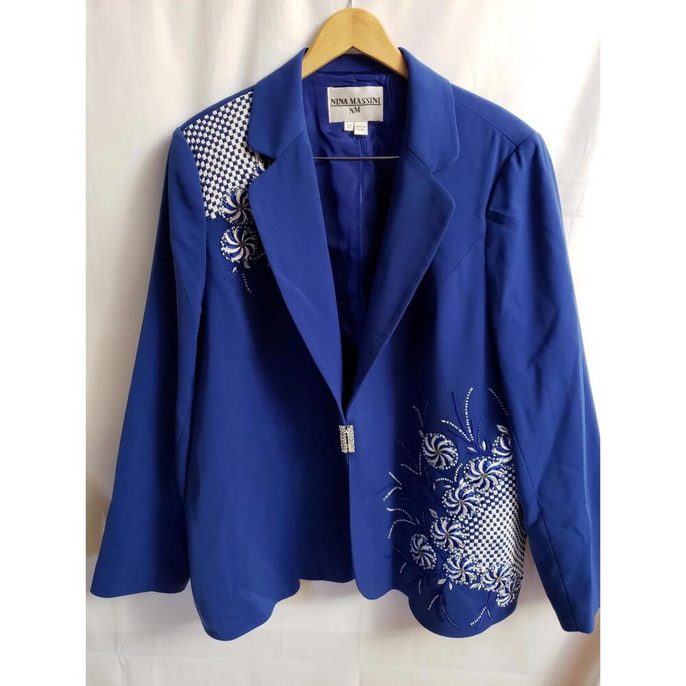 Nina Massini Retro ARTSY Beaded Royal Blue Women's Size 22 Blazer jacket